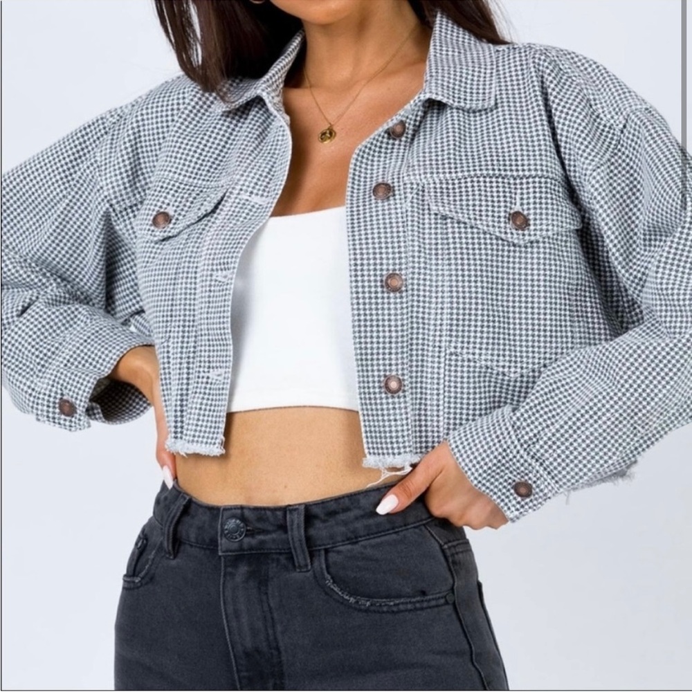 Princess Polly Checkered Cropped Denim Jacket